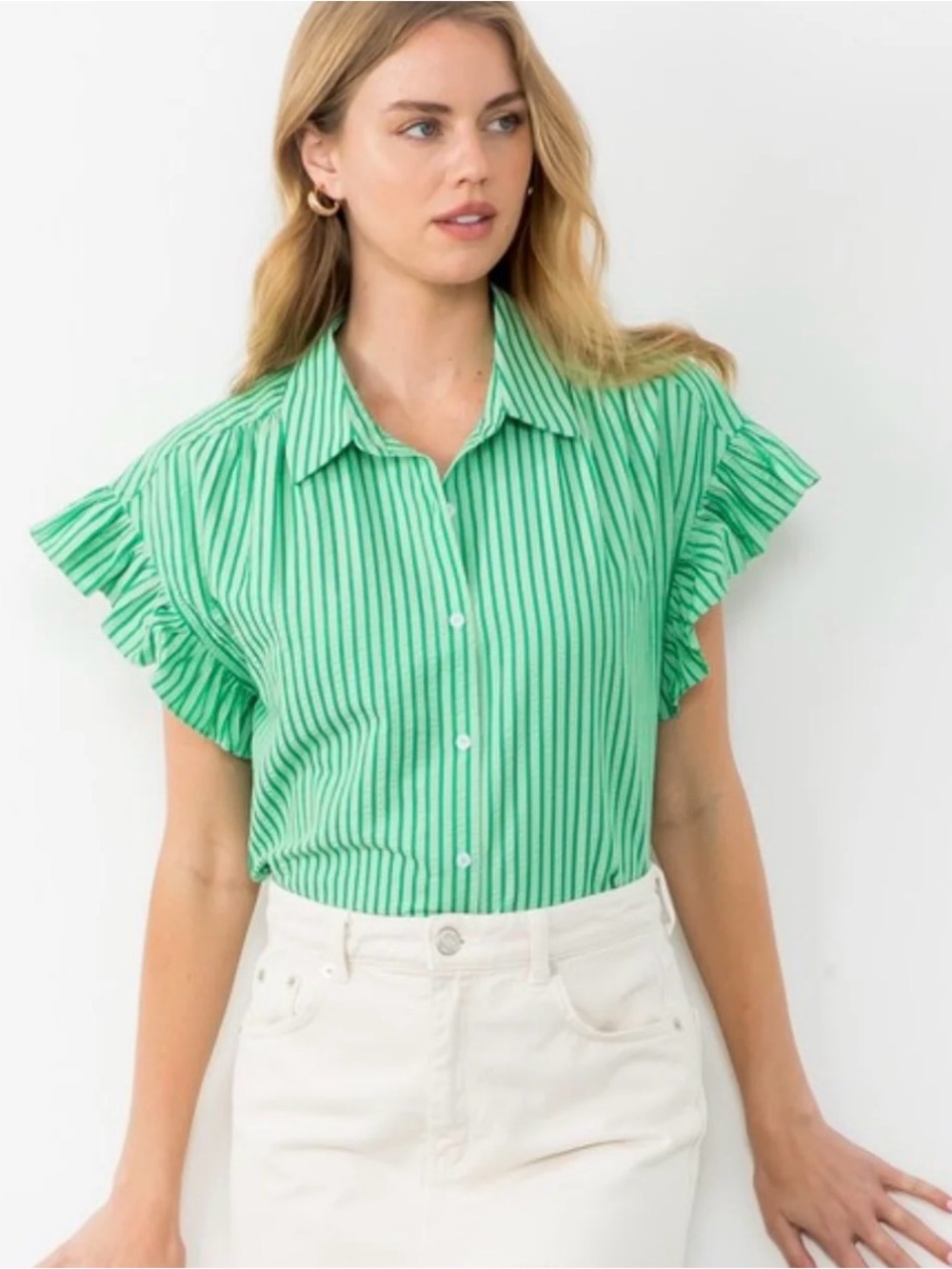 THML Green Striped Ruffle Sleeve Button-Down Shirt